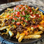Close-up of Loaded Nacho Fries topped with ground beef, cheese, and jalapeños.
