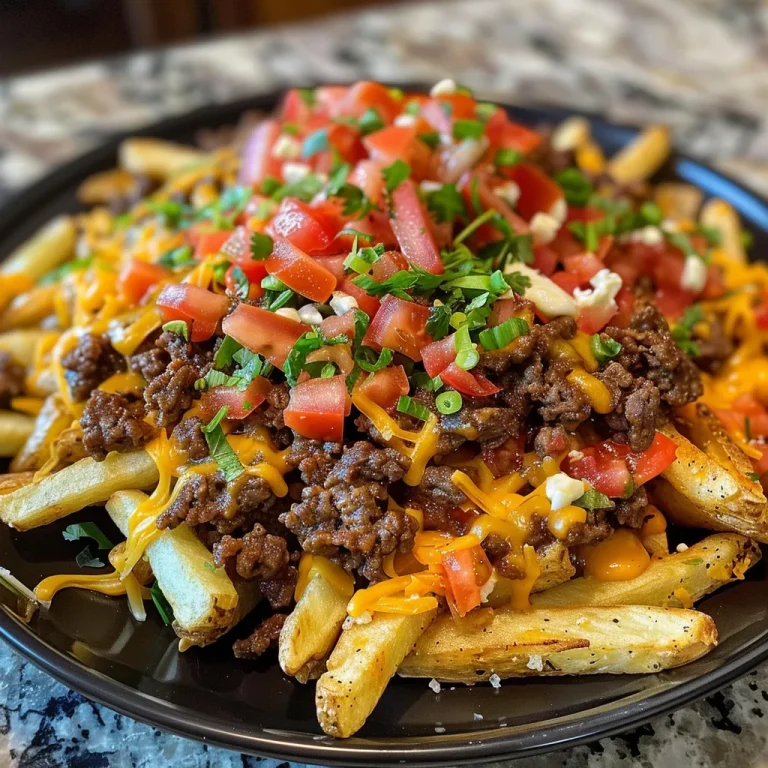 Close-up of Loaded Nacho Fries topped with ground beef, cheese, and jalapeños.
