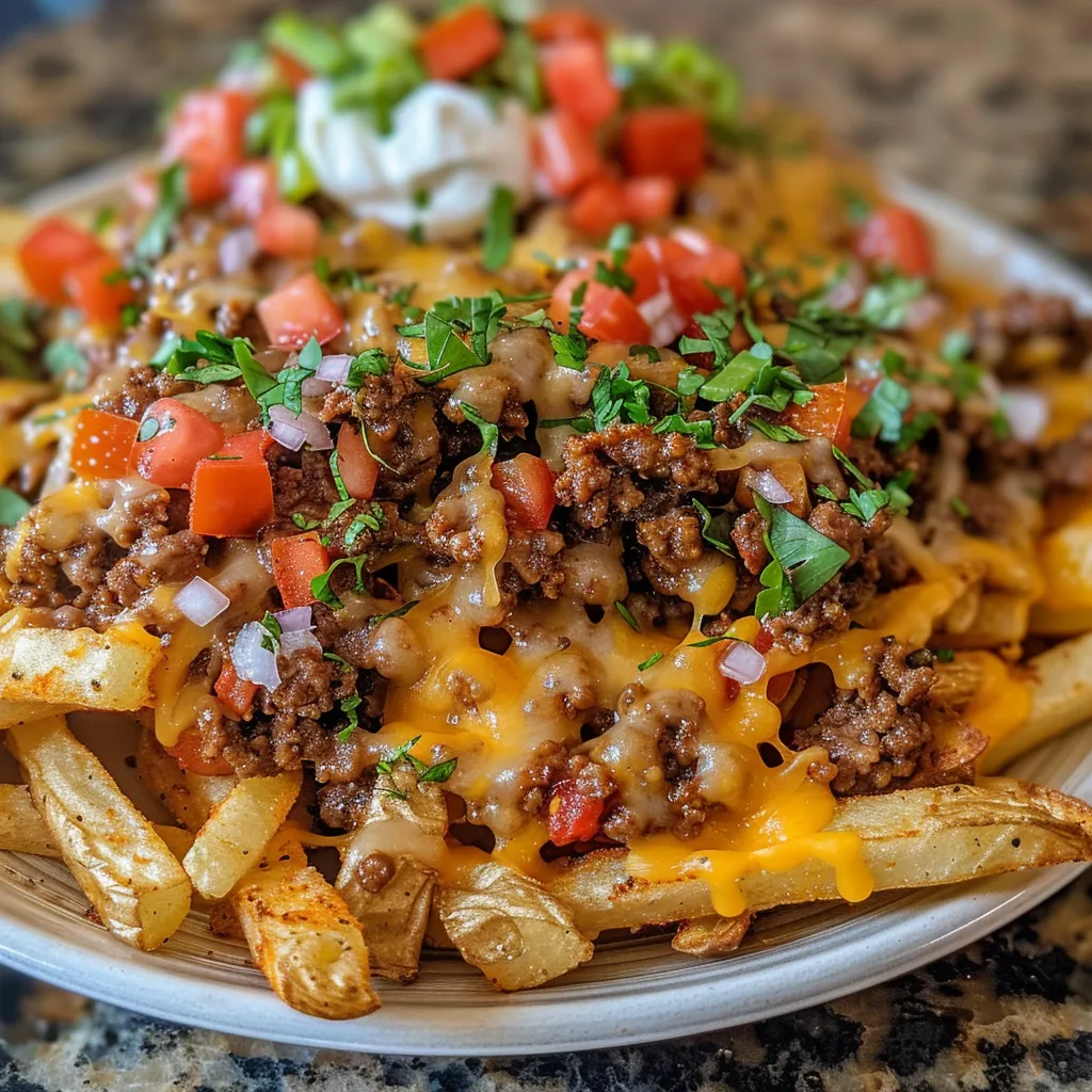 Side view of juicy Loaded Nacho Fries with melted cheese and fresh garnishes.