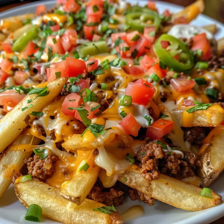 Close-up of loaded nacho fries topped with cheese, beef, and vegetables.