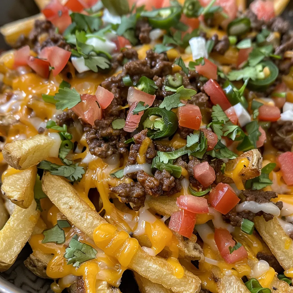 Juicy loaded nacho fries featuring ground beef and melted cheese.