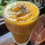 A close-up side view of a creamy Mango Lassi in a glass.