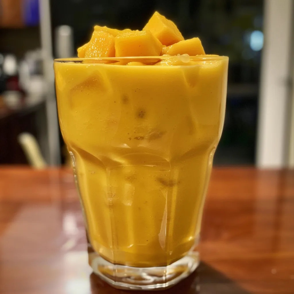 A refreshing Mango Lassi with a smooth texture, seen from the side.