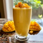 Close-up of a vibrant mango lassi with a creamy texture served in a glass.