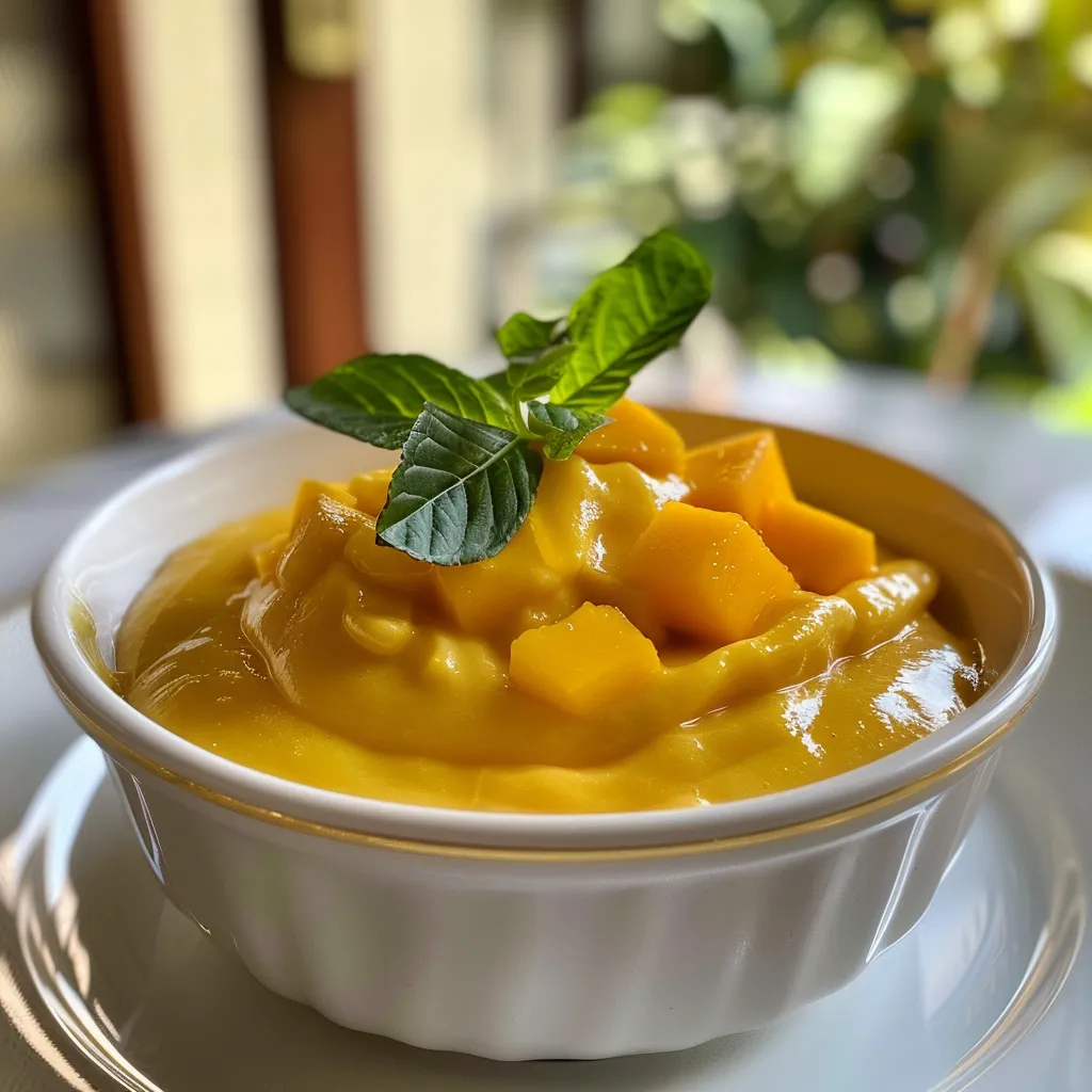 Lush mango pudding with a smooth texture, garnished elegantly.