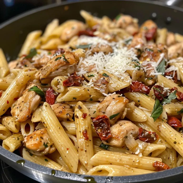 A close-up view of creamy Tuscan chicken pasta with sun-dried tomatoes and fresh basil.