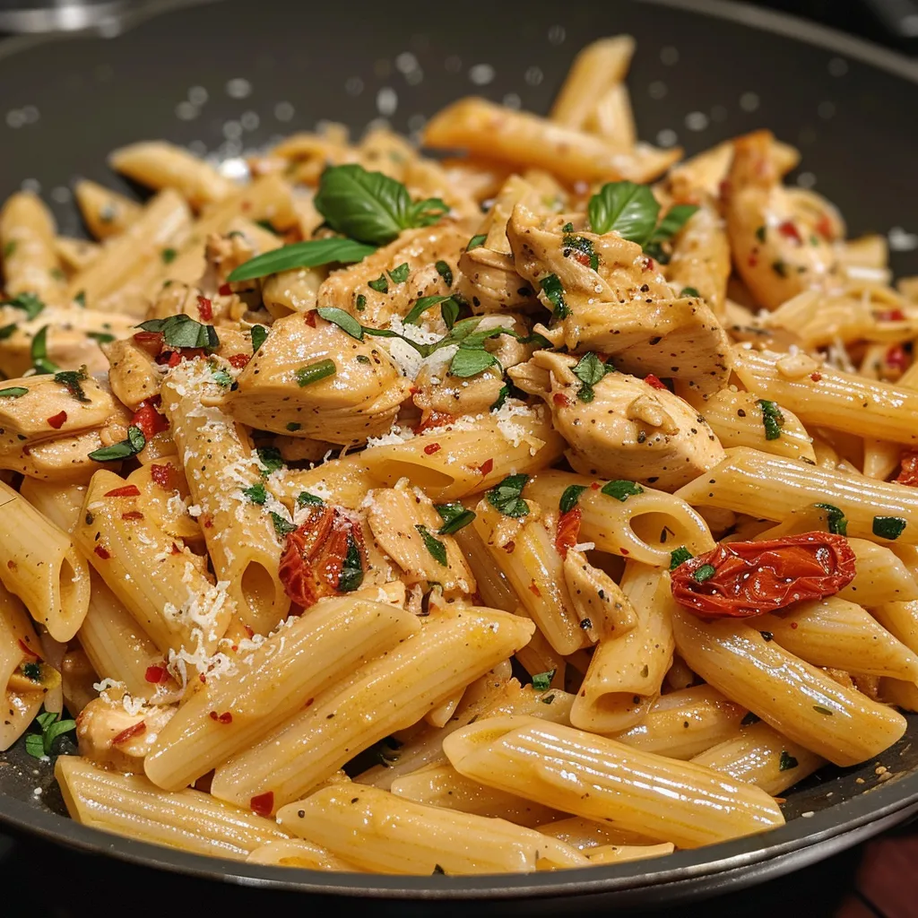 Juicy Marry Me Chicken Pasta served in a bowl, showcasing penne pasta and rich sauce.