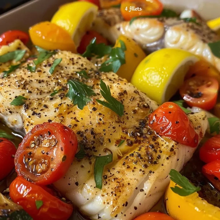 Close-up of Mediterranean baked fish fillets garnished with cherry tomatoes and herbs.