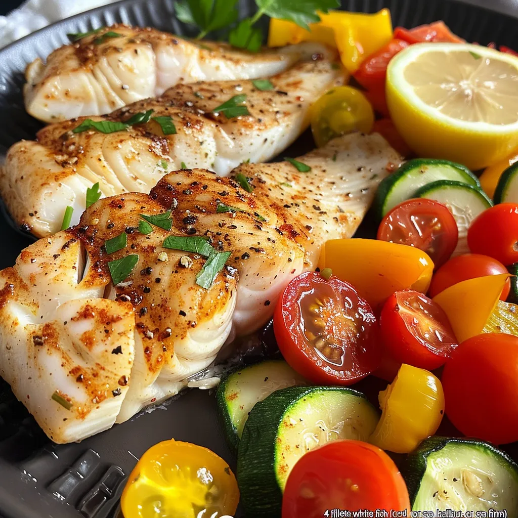 Juicy white fish fillets surrounded by colorful vegetables on a baking dish.