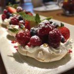 Close-up view of mini pavlovas topped with fresh strawberries, blueberries, and raspberries on a wooden platter.
