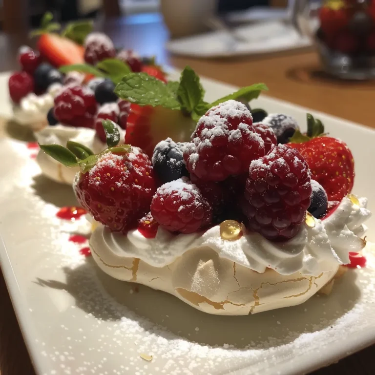 Close-up view of mini pavlovas topped with fresh strawberries, blueberries, and raspberries on a wooden platter.