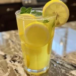 Close-up view of a refreshing glass of mint lemonade with condensation.