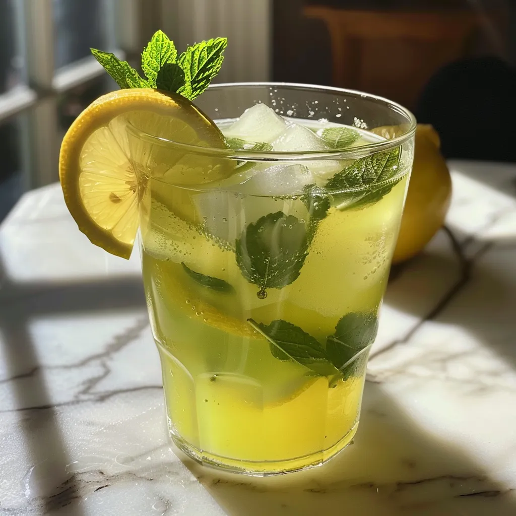 Side view of a vibrant mint lemonade in a clear glass garnished with fresh mint.