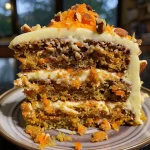 A moist carrot cake with cream cheese frosting and decorative carrot shavings, side view.