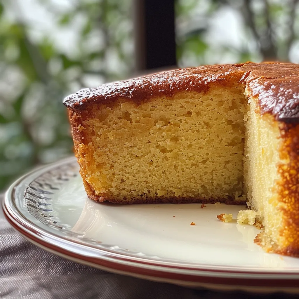 Side view of a gluten-free lemon yogurt cake with a golden crust and moist interior.