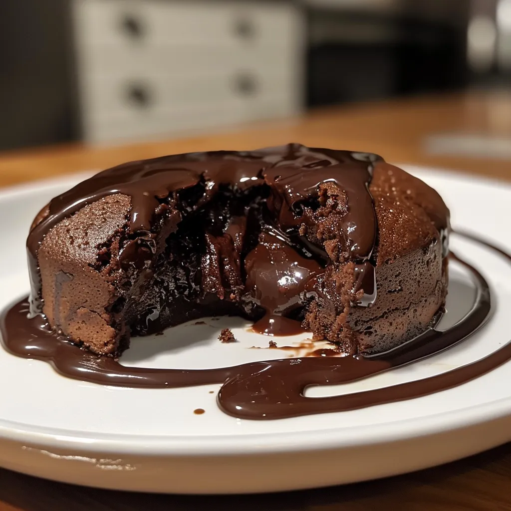 A side view of a delicious molten lava cake, with chocolate oozing out.