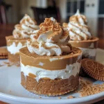 Close-up view of No-Bake Biscoff Cheesecake Cups topped with cookie halves.