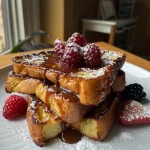 Close-up view of Nutella French Toast with berries and powdered sugar.