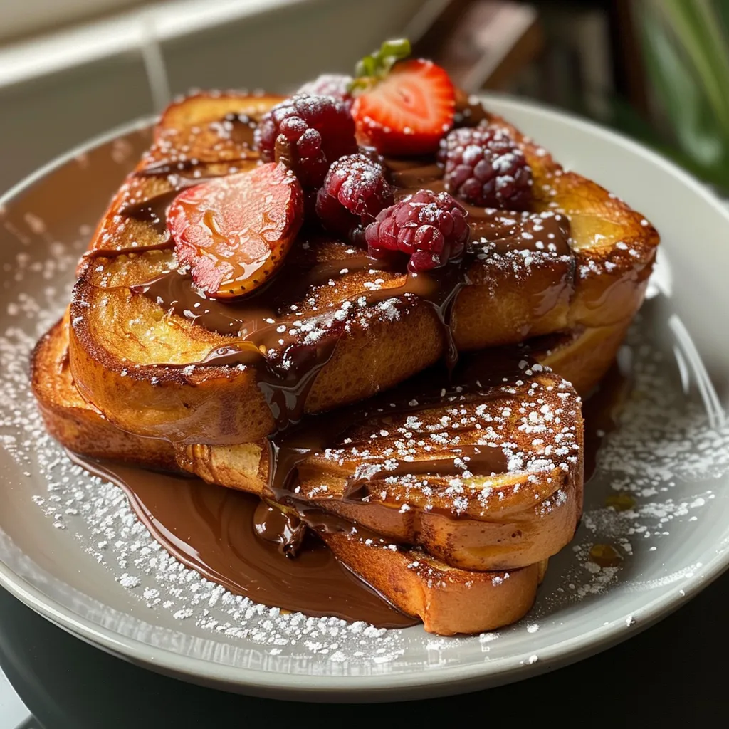 Side view of thick brioche slices coated in Nutella and dusted with powdered sugar.