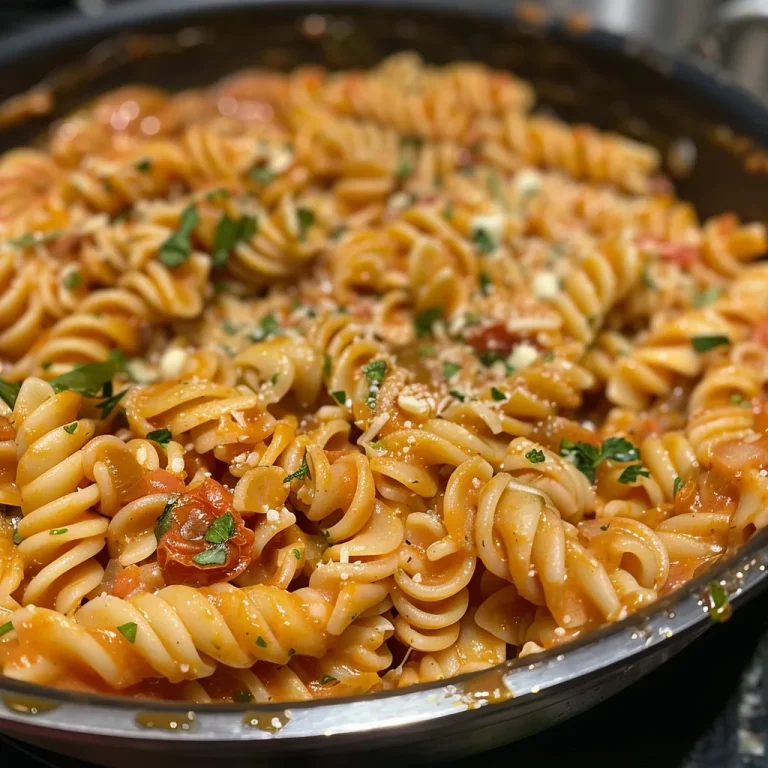 A close-up view of creamy tomato pasta with cheese and herbs, served in a bowl.