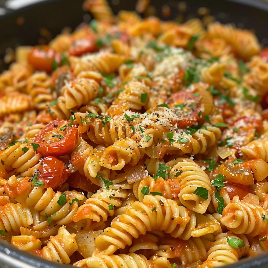 One-pot creamy tomato pasta topped with grated Parmesan and parsley, captured from the side.