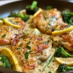Close-up view of juicy chicken breast in a creamy lemon garlic sauce.