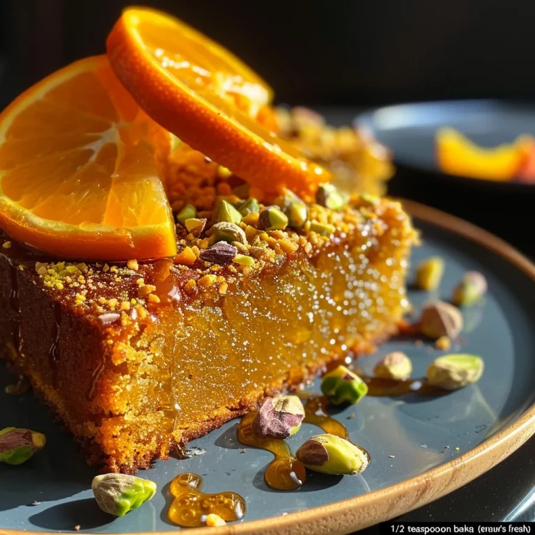 Close-up view of a moist orange pistachio cake drizzled with honey glaze.