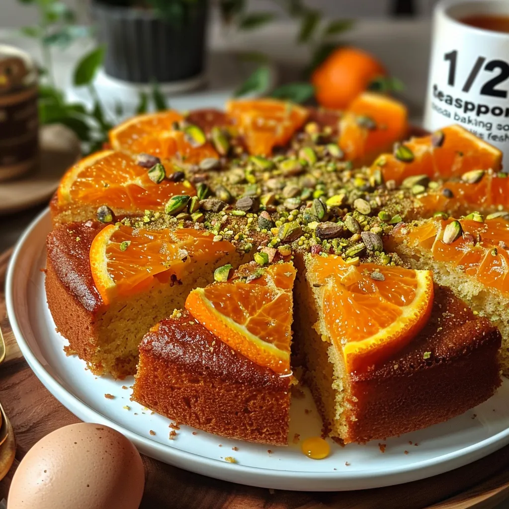 A slice of vibrant orange pistachio cake with a shiny honey glaze, showcasing its texture.