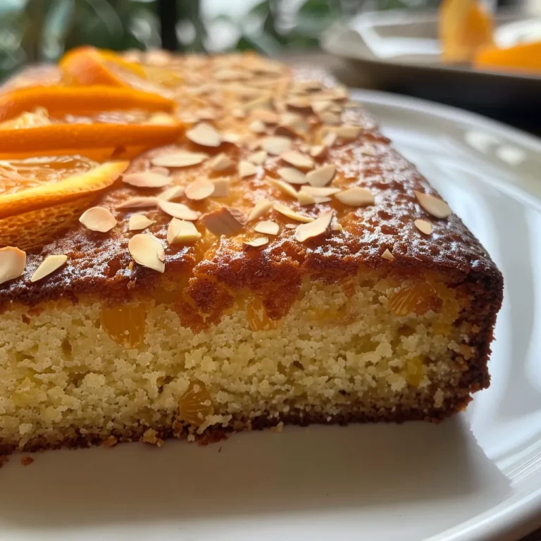 Side view of a moist orange almond cake topped with sliced almonds and orange zest.