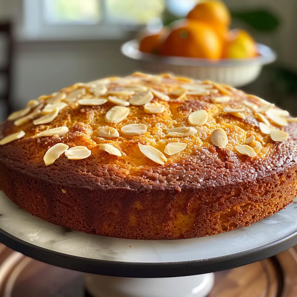 Side view of a beautifully baked orange almond cake with a glossy finish and almond slices.