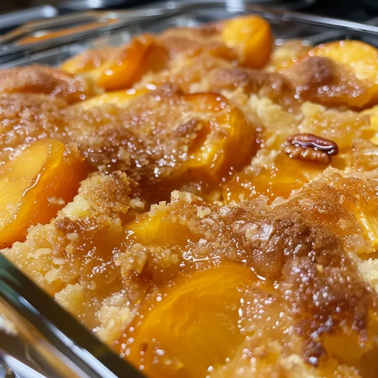 Close-up side view of a delicious peach cobbler dump cake topped with golden brown crust.