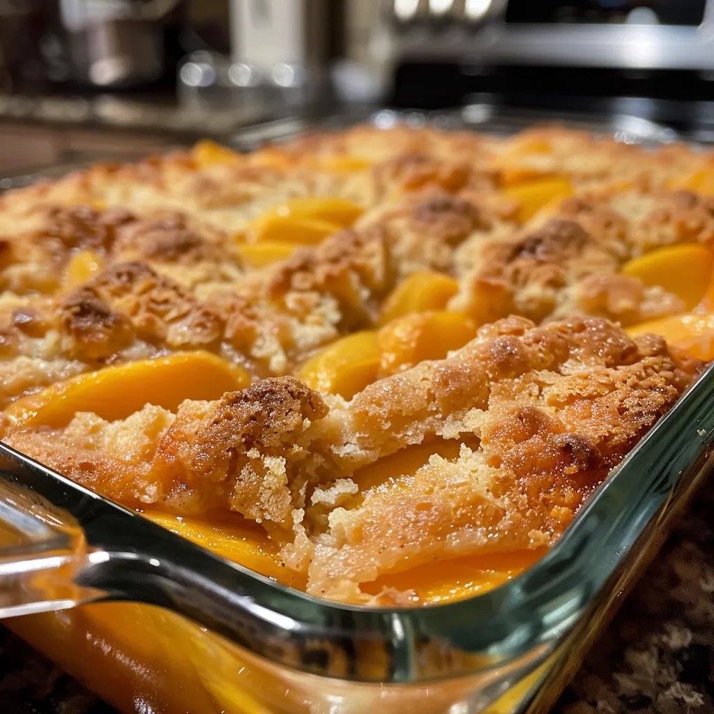 A textured slice of peach cobbler dump cake highlighting juicy peaches and a crumbly topping.