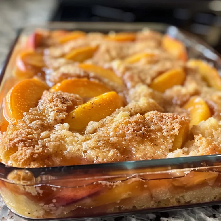 A close-up side view of a juicy Peach Dump Cake with a golden cake layer and visible peach slices.
