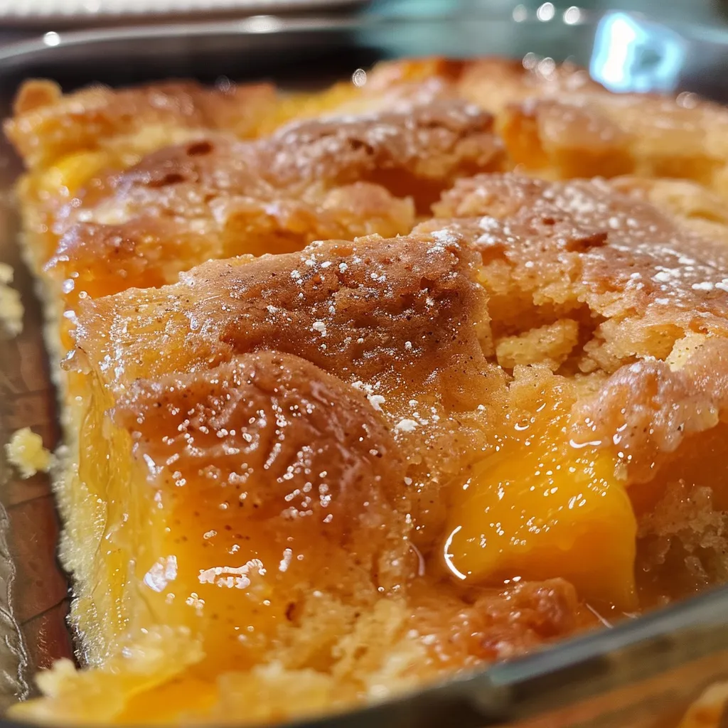 A mouth-watering close-up of Peach Dump Cake, showcasing its moist texture and peach topping.