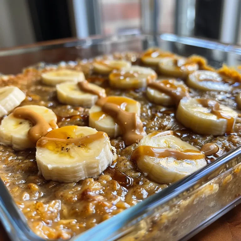 Close-up view of baked oatmeal with banana and peanut butter.