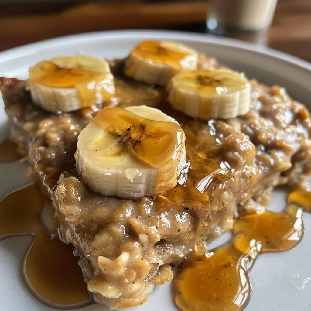 Side view of a slice of peanut butter banana baked oatmeal on a plate.
