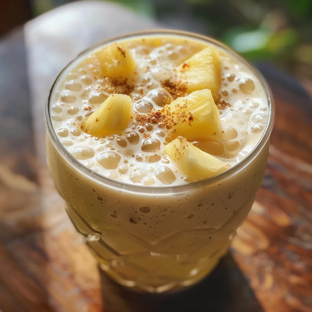 A refreshing pineapple coconut smoothie with a creamy texture, served in a glass.