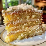 A close-up side view of a layered Pineapple Coconut Dream Cake with creamy frosting and coconut flakes.