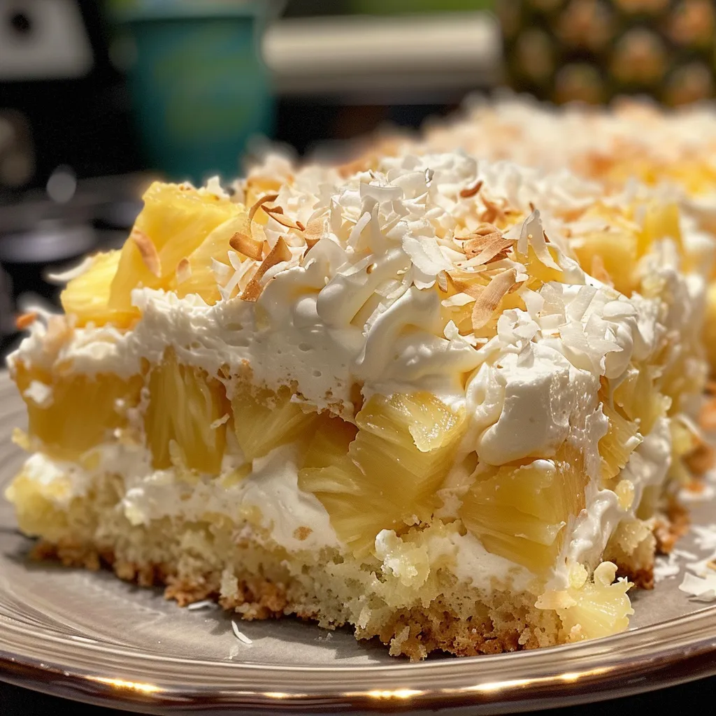 A succulent slice of Pineapple Coconut Dream Cake showcasing moist layers and pineapple chunks.