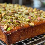Close-up of a Pistachio Bliss Cake drizzled with honey, showcasing a smooth green frosting.