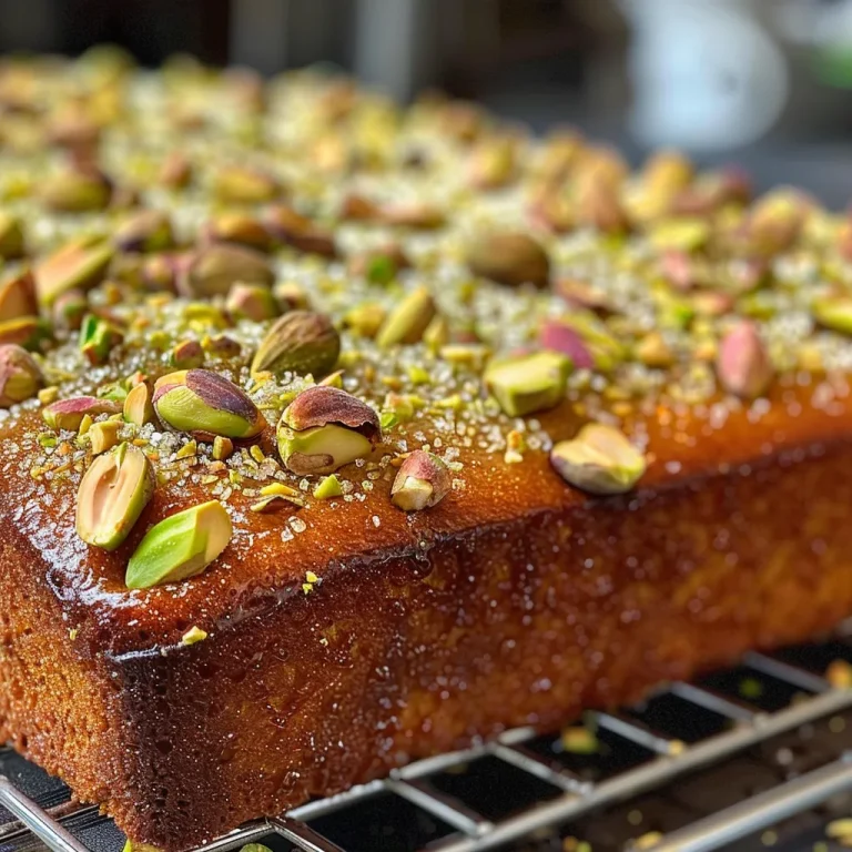 Close-up of a Pistachio Bliss Cake drizzled with honey, showcasing a smooth green frosting.
