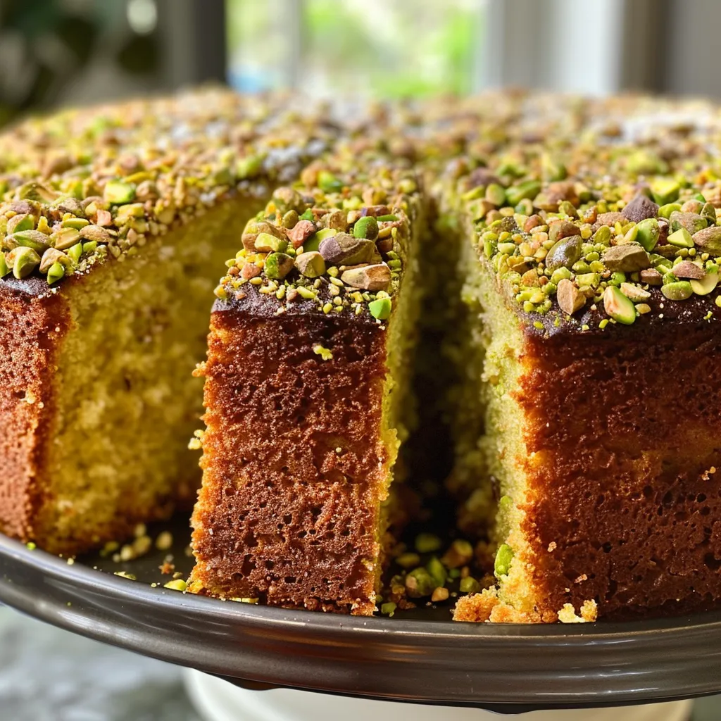 Side view of a moist Pistachio Bliss Cake topped with a golden honey glaze and powdered sugar.