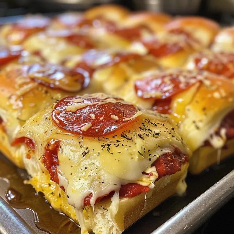 Close-up view of cheesy pizza sliders topped with pepperoni and drizzled with hot honey.