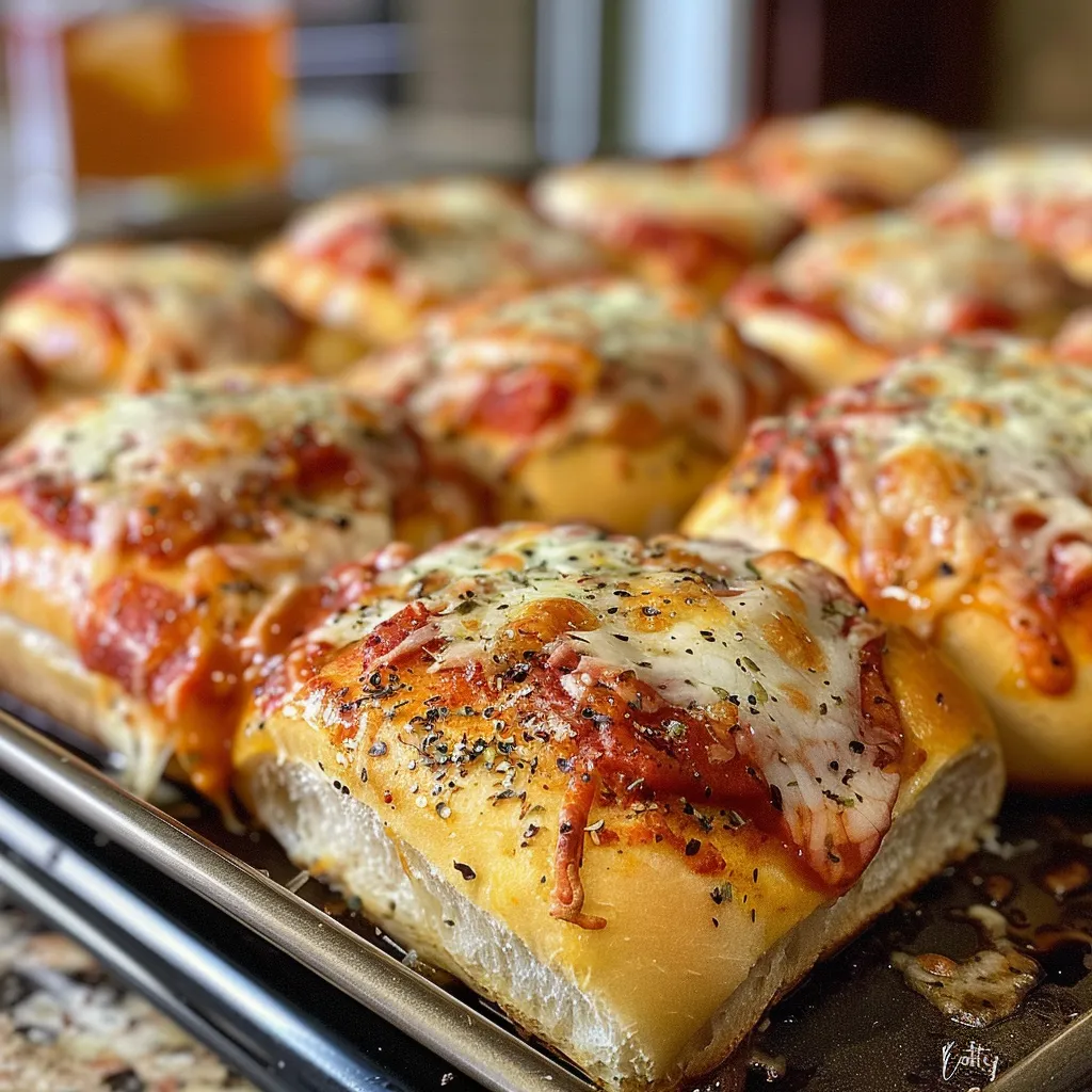 A side view of delicious pizza sliders with melted cheese, pepperoni slices, and spicy honey sauce.