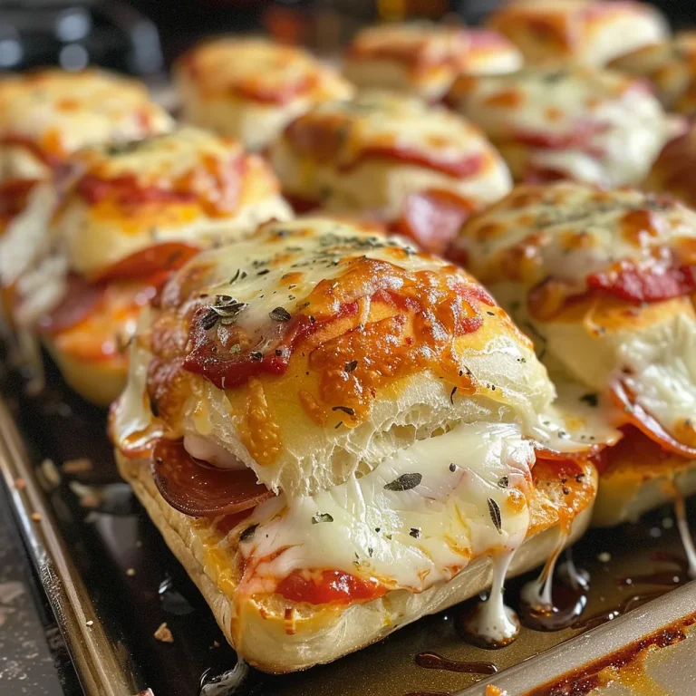 A close-up view of juicy pizza sliders with pepperoni and hot honey on a wooden board.