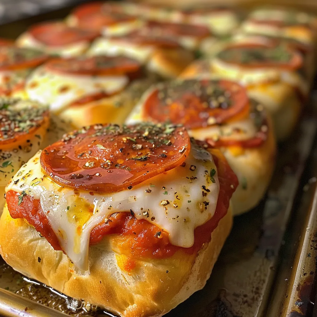 Side angle of pizza sliders featuring melted cheese and pepperoni, drizzled with hot honey.