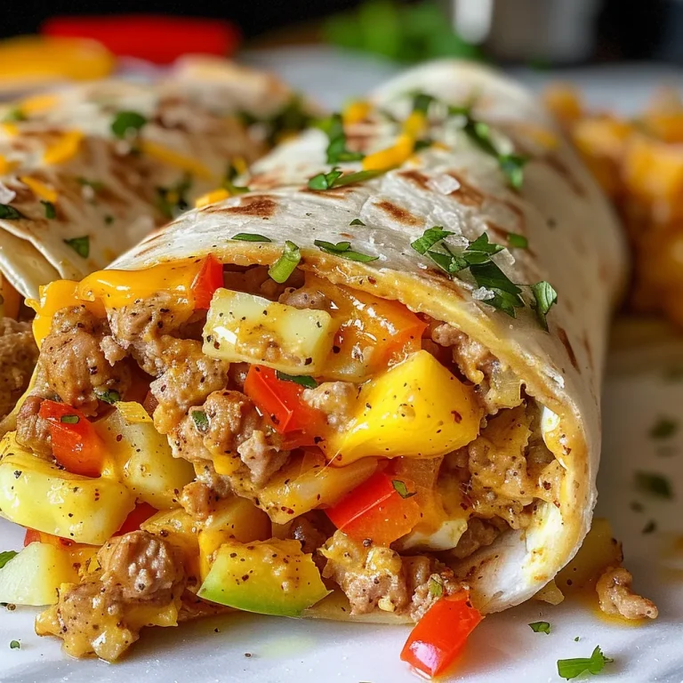 Close-up view of a protein-packed breakfast burrito filled with colorful diced vegetables and ground meat.