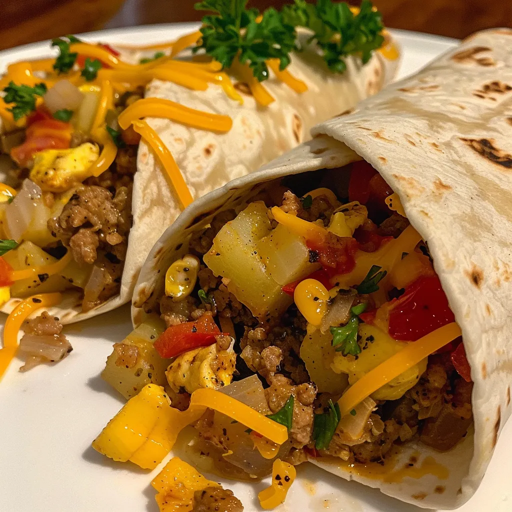Juicy breakfast burritos with visible layers of diced bell peppers, onions, and ground meat.