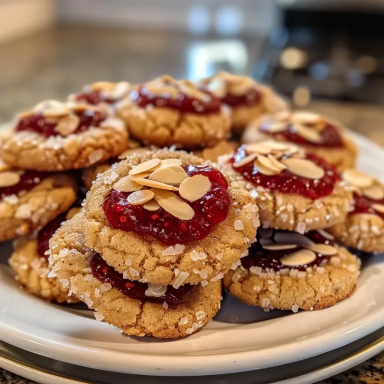 Close-up view of a Raspberry Almond Thumbprint Cookie, showcasing its jam-filled center.