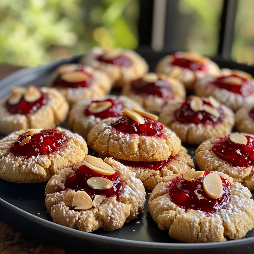 Side view of delicious Raspberry Almond Thumbprint Cookies with raspberry jam and almond flavor.